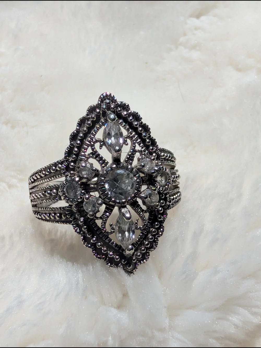 NF 925 Sterling Silver CZ Filigree Art Deco Statement Ring Size 8